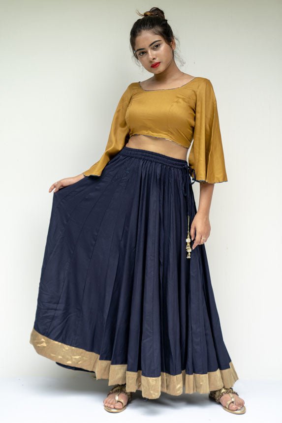 Navy Blue Kalidar Golden Border Skirt Traditional Navratri Choli Online Mera Rang