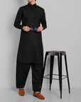 Black Cotton-Linen Pathani Suit for Men