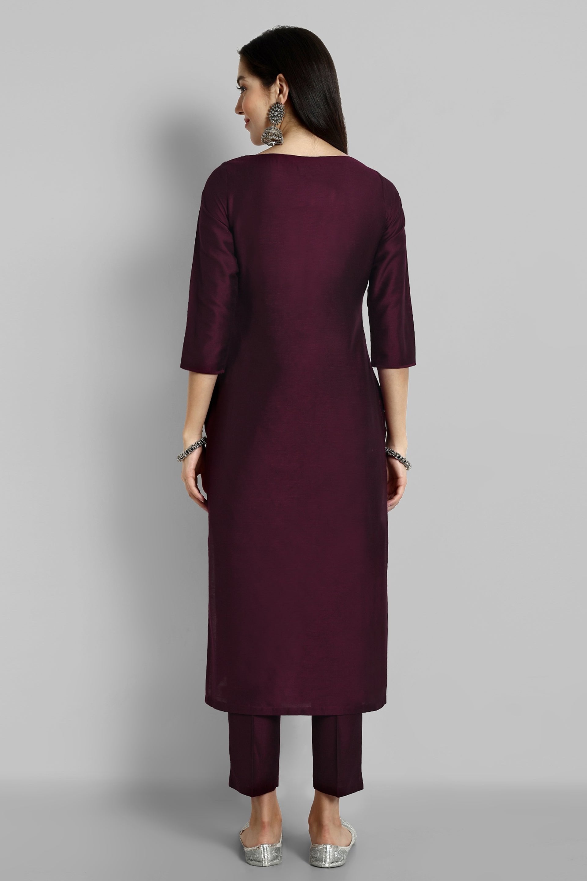 Burgundy Boat Neck Kurta with Elasticated Pant