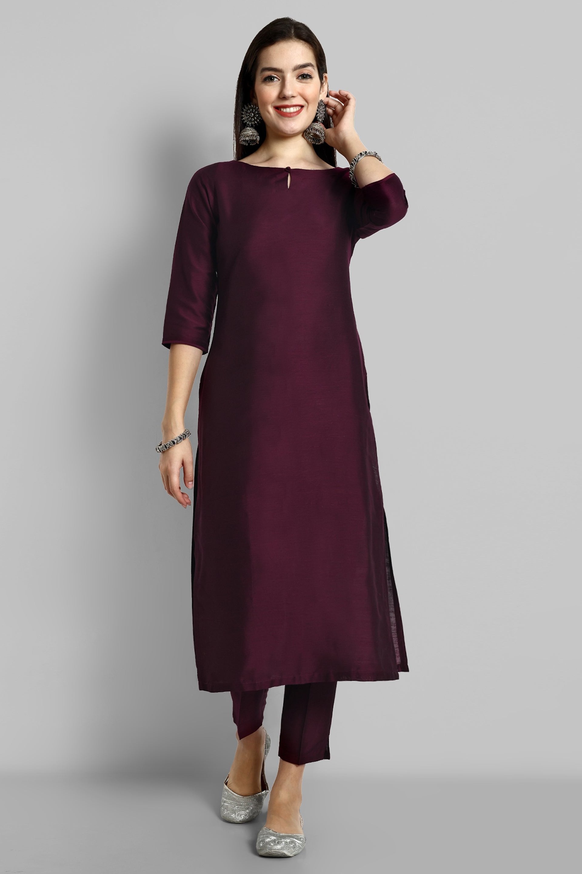 Burgundy Boat Neck Kurta with Elasticated Pant