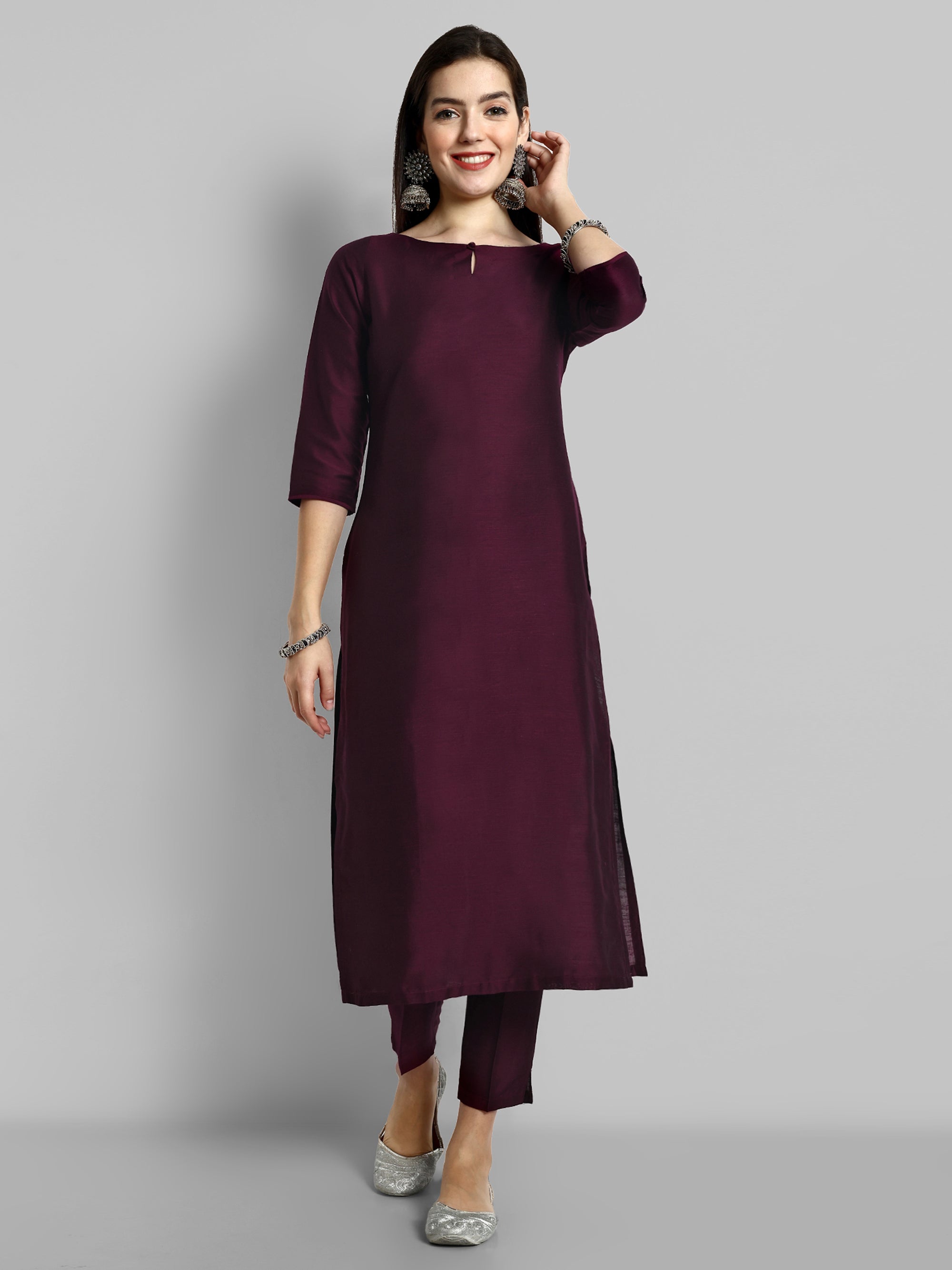 Burgundy Boat Neck Kurta with Elasticated Pant