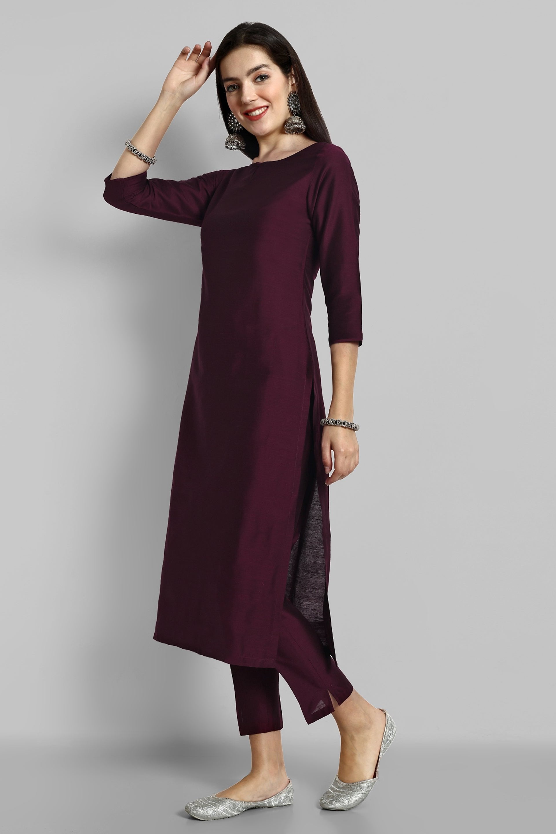 Burgundy Boat Neck Kurta with Elasticated Pant