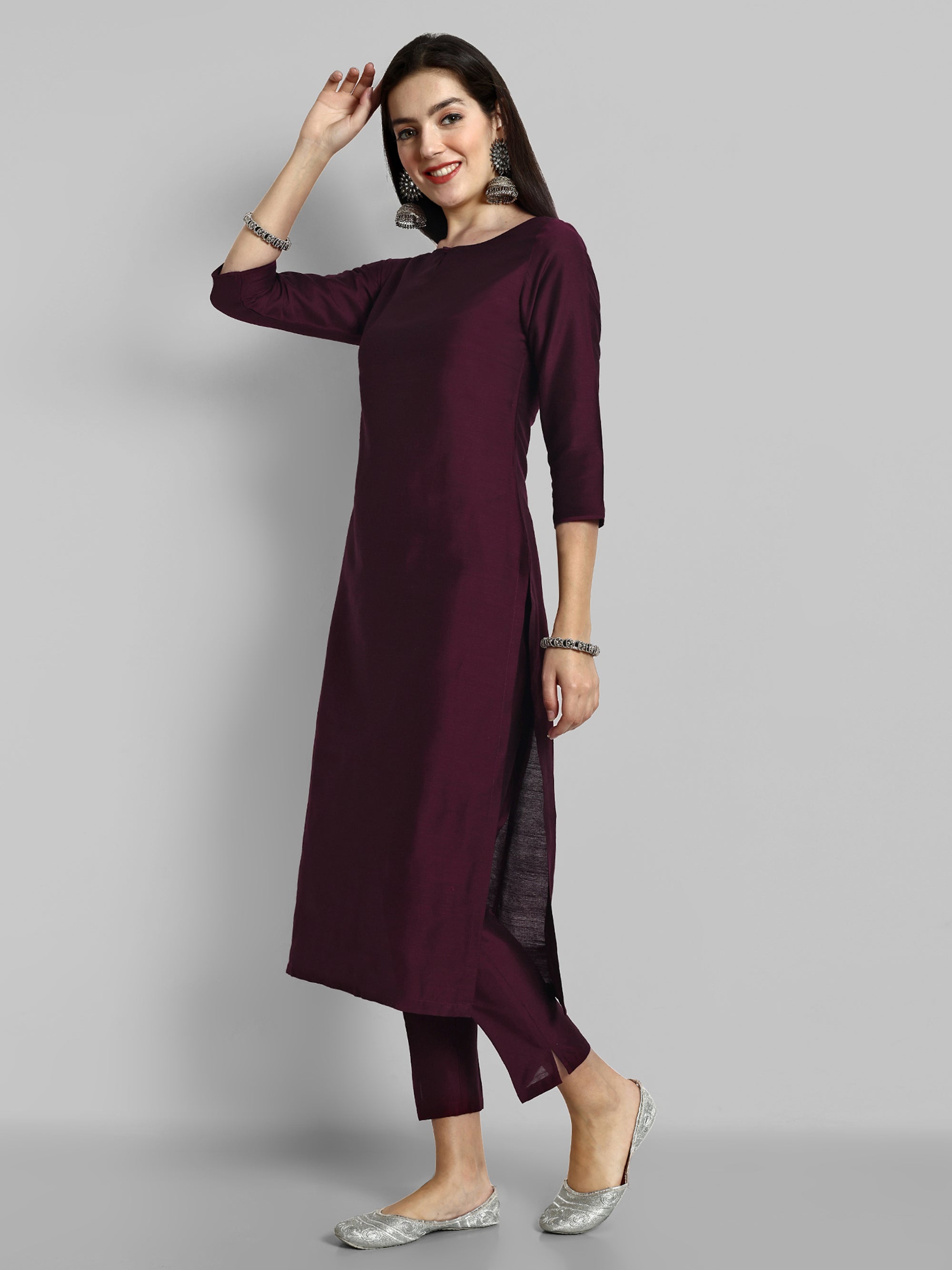 Burgundy Boat Neck Kurta with Elasticated Pant