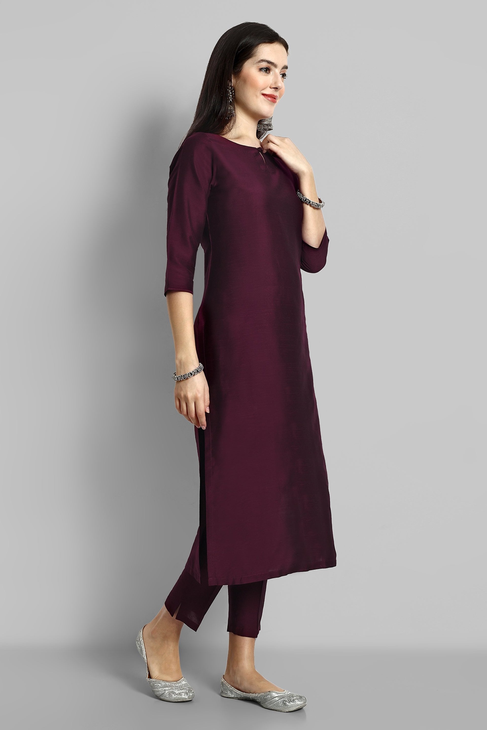 Burgundy Boat Neck Kurta with Elasticated Pant