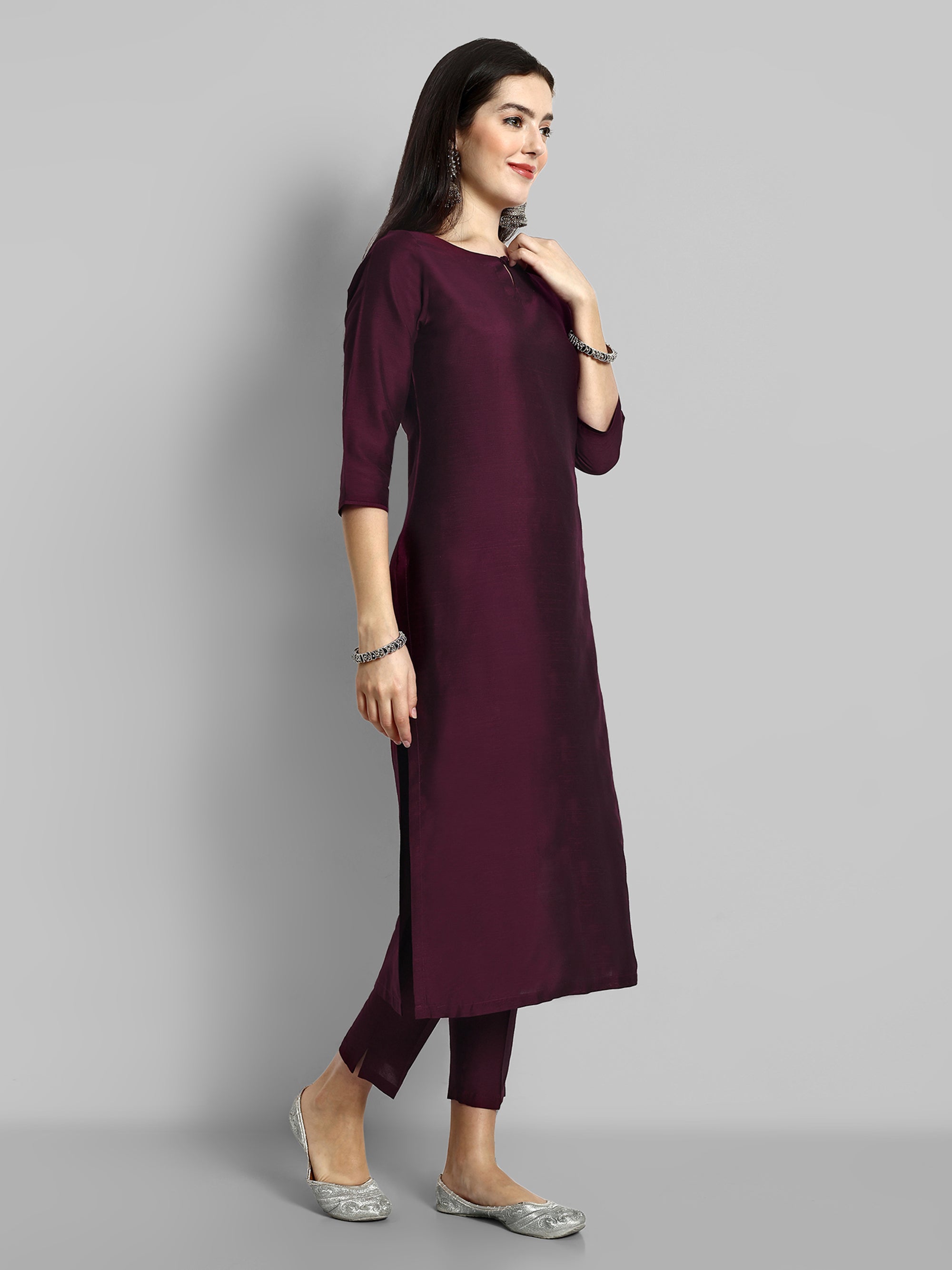 Burgundy Boat Neck Kurta with Elasticated Pant