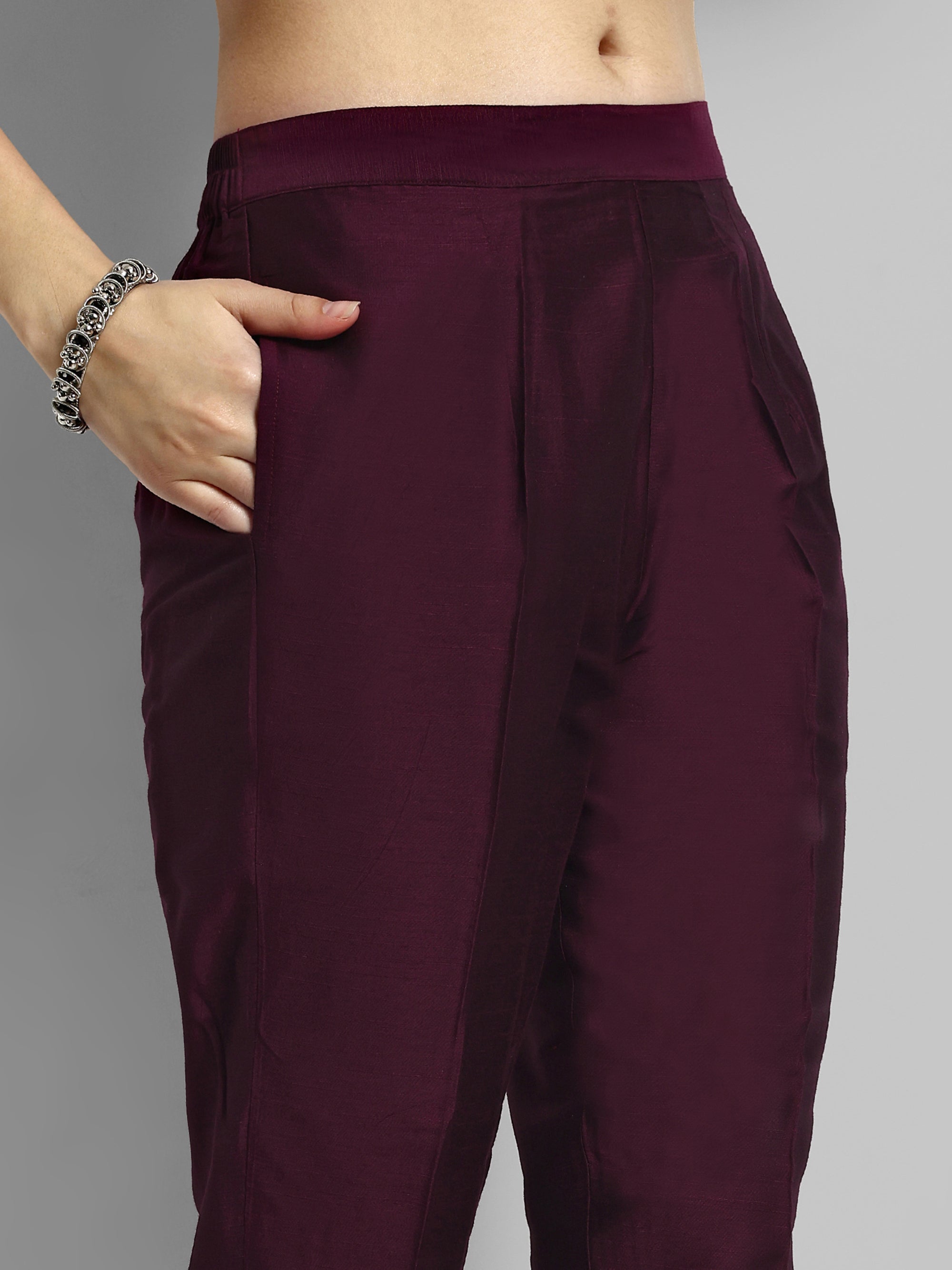 Burgundy Boat Neck Kurta with Elasticated Pant