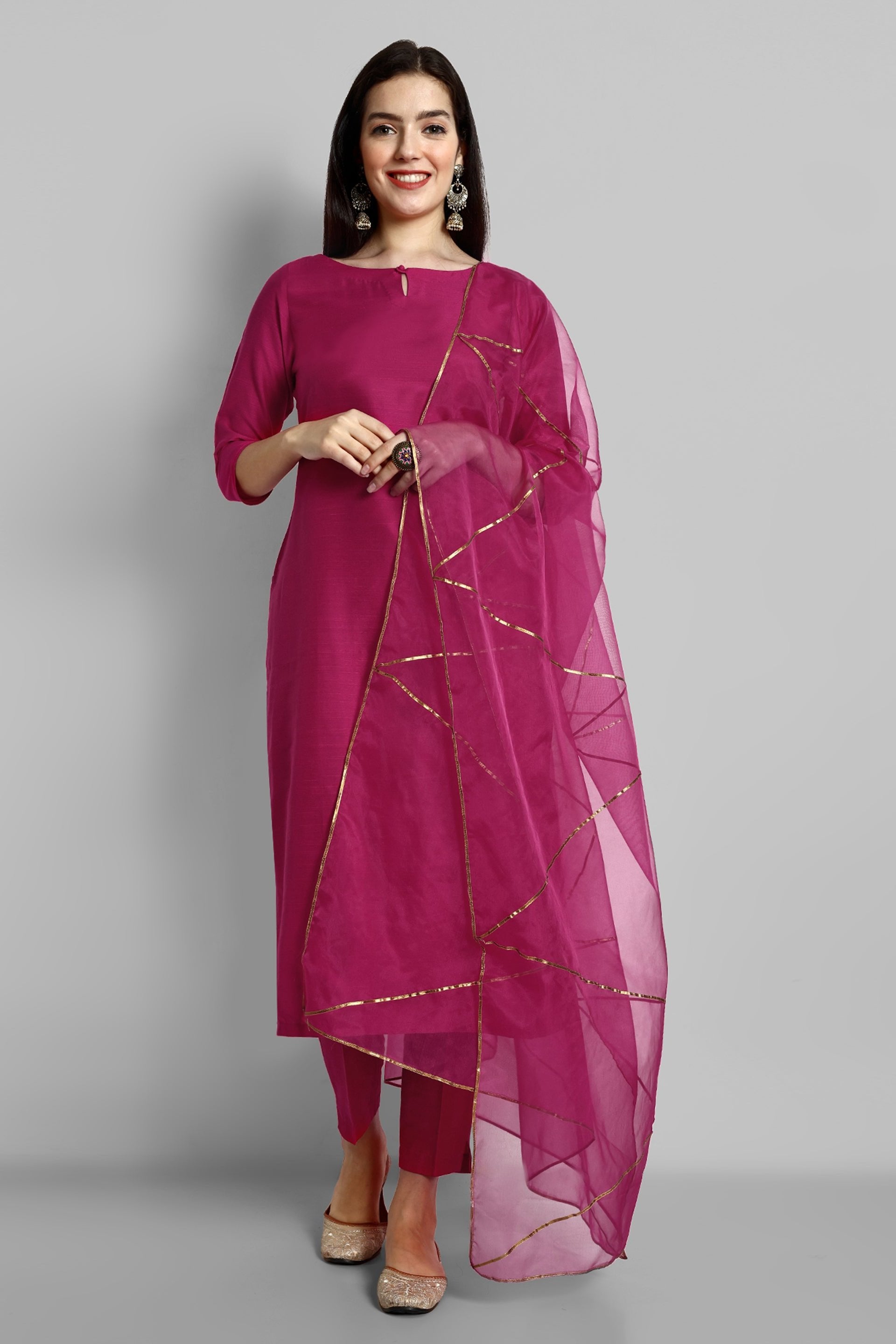 Hot Pink key hole boat neck kurta paired with elasticated pants and an organza dupatta - a stylish set of three for a sophisticated and coordinated look