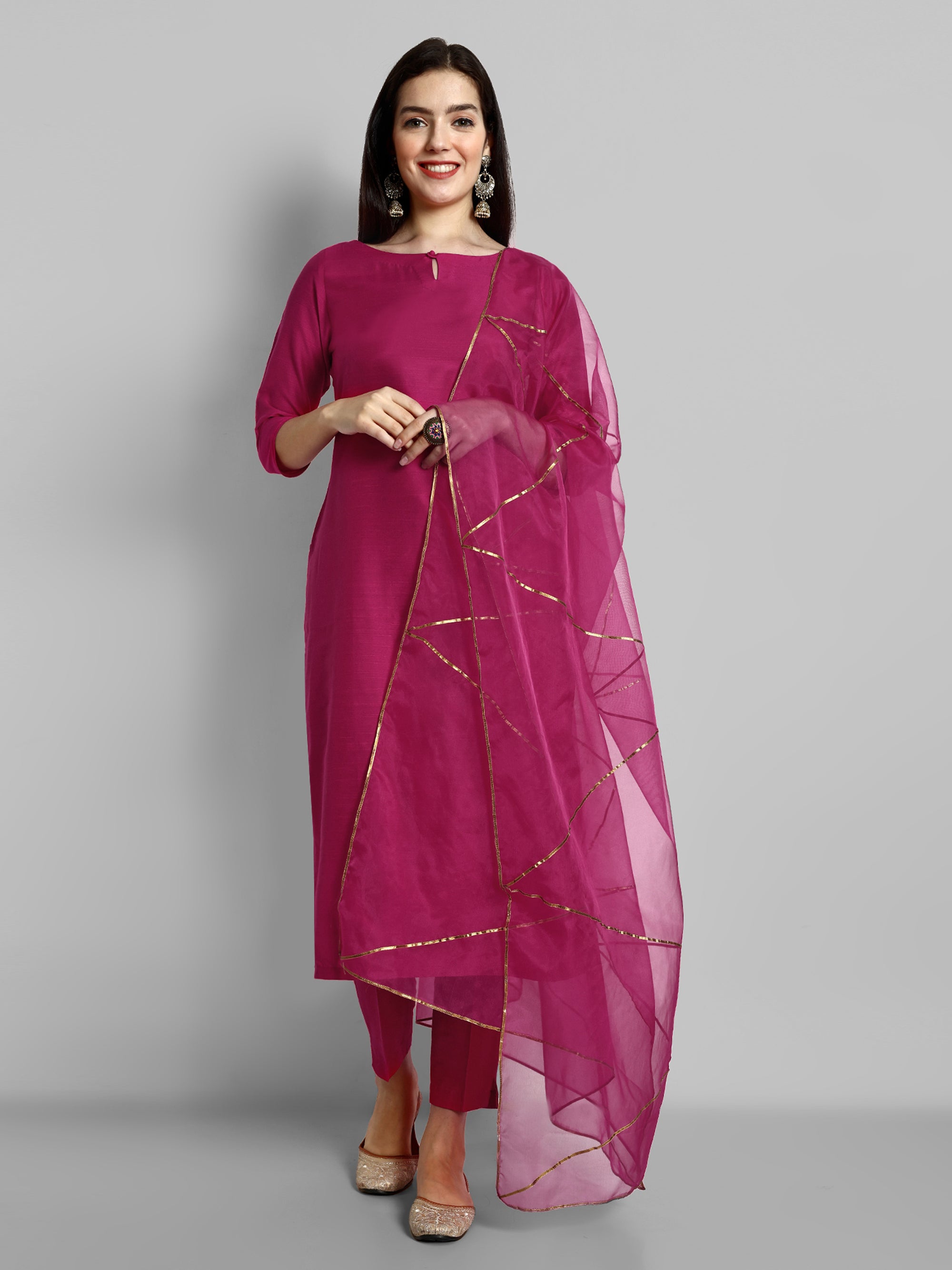 Hot Pink key hole boat neck kurta paired with elasticated pants and an organza dupatta - a stylish set of three for a sophisticated and coordinated look