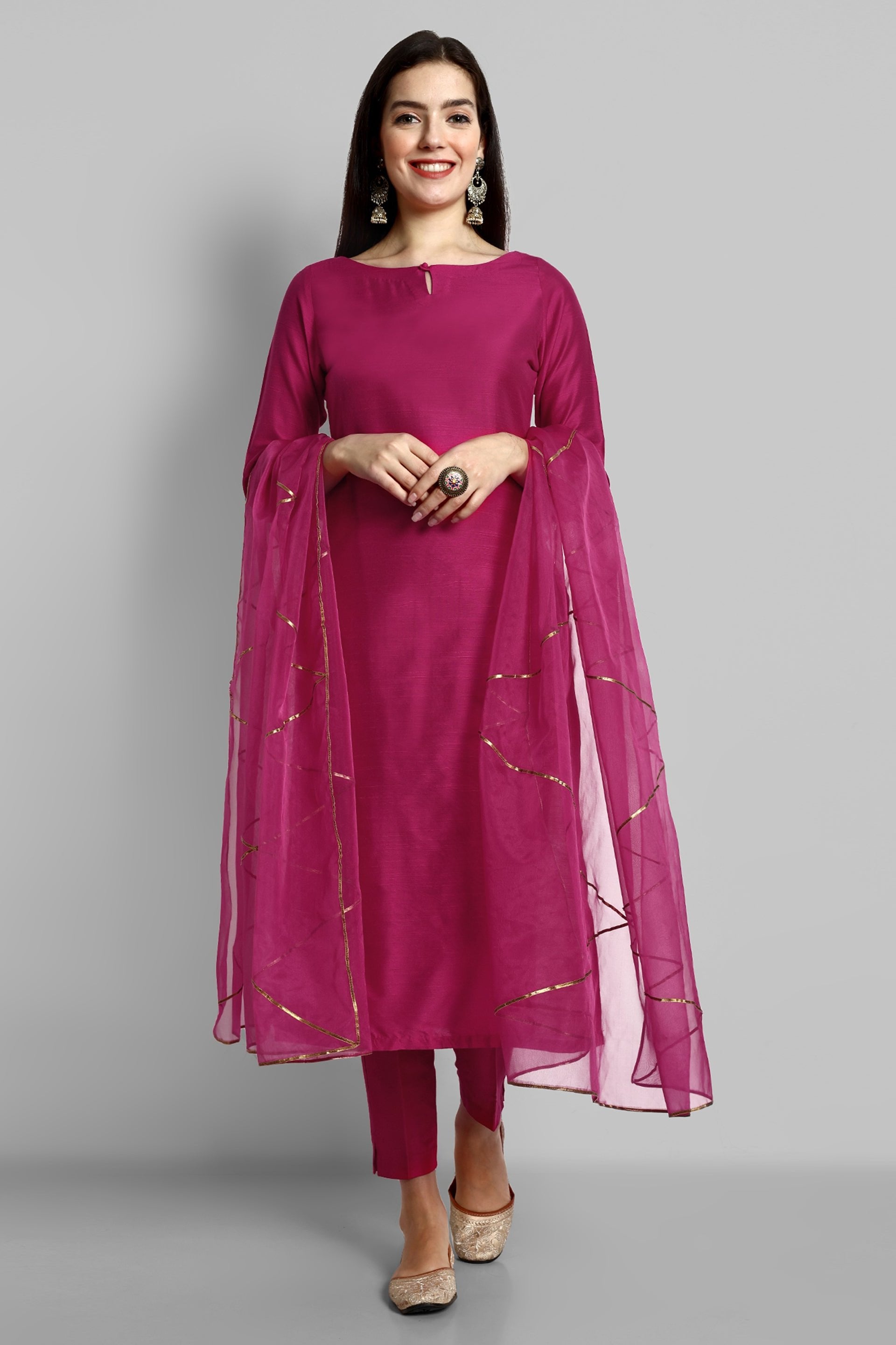 Hot Pink key hole boat neck kurta paired with elasticated pants and an organza dupatta - a stylish set of three for a sophisticated and coordinated look