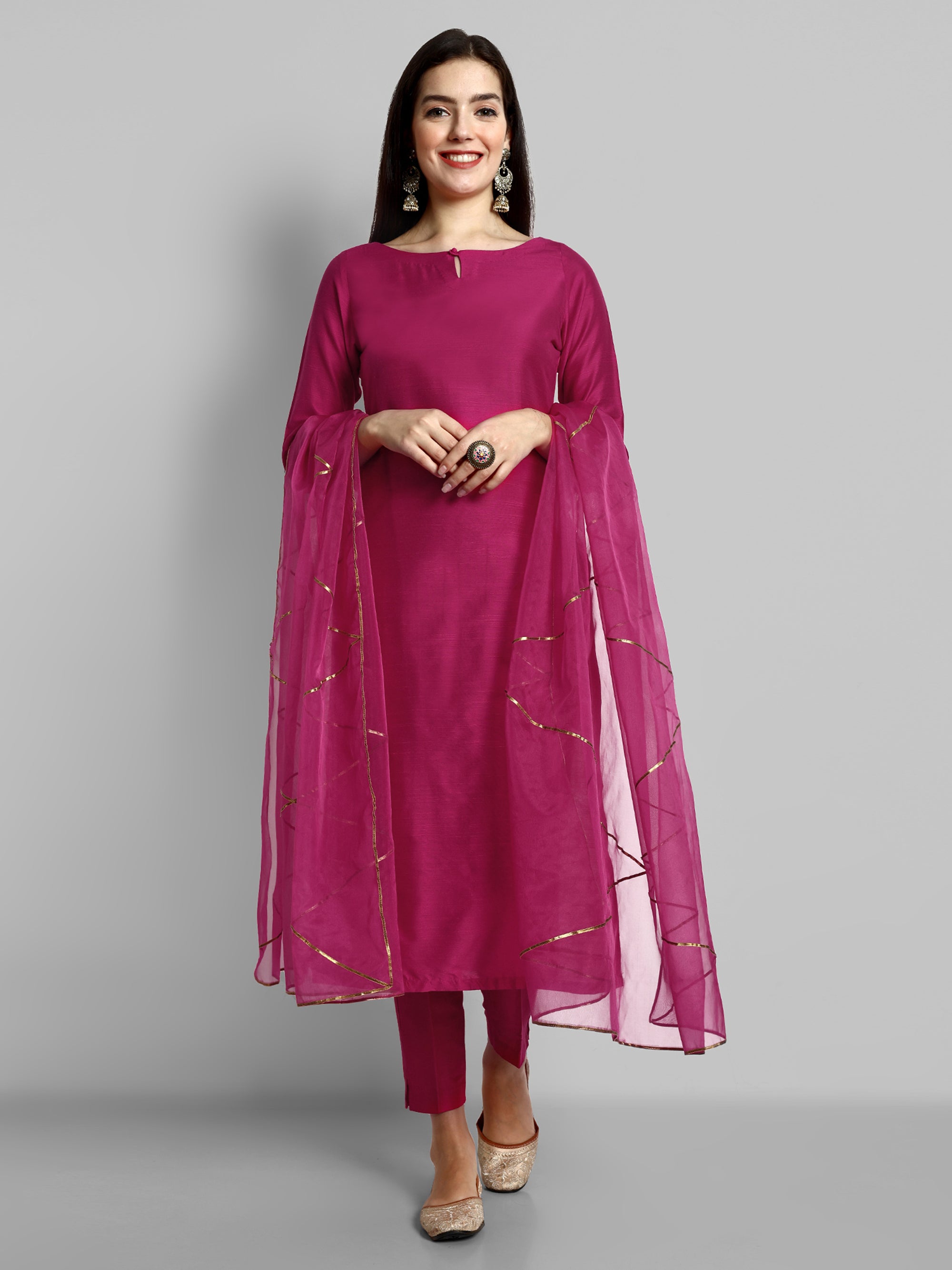 Hot Pink key hole boat neck kurta paired with elasticated pants and an organza dupatta - a stylish set of three for a sophisticated and coordinated look