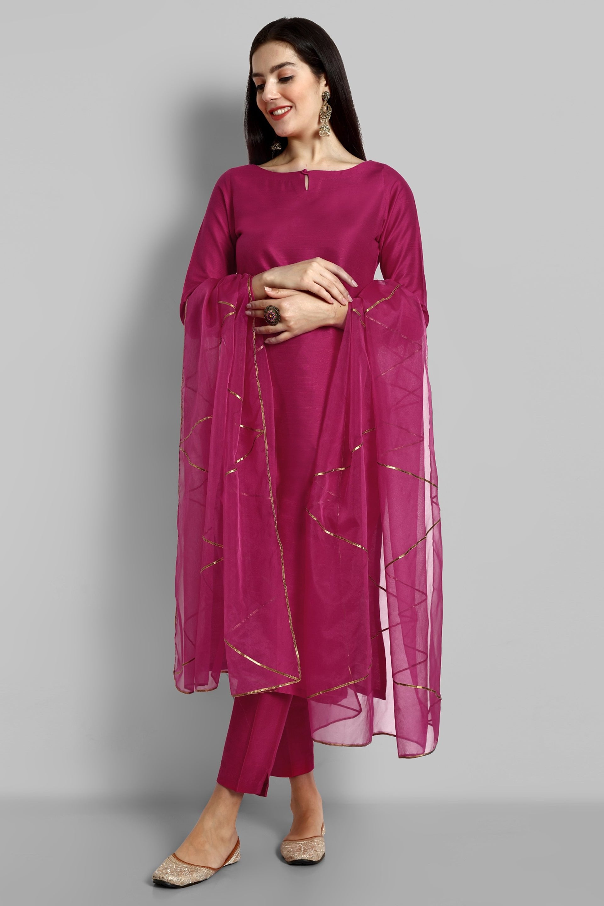 Hot Pink key hole boat neck kurta paired with elasticated pants and an organza dupatta - a stylish set of three for a sophisticated and coordinated look