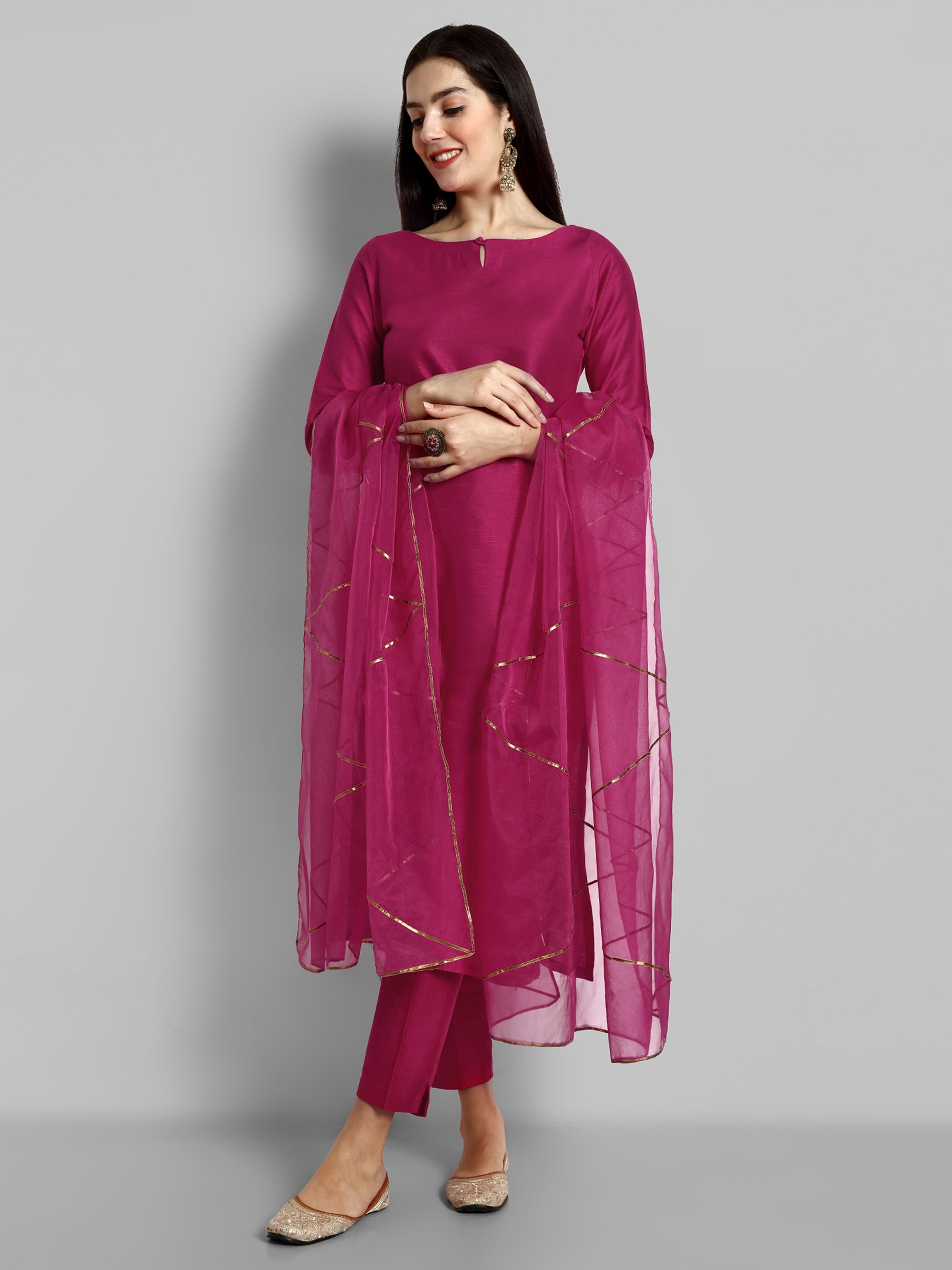 Hot Pink key hole boat neck kurta paired with elasticated pants and an organza dupatta - a stylish set of three for a sophisticated and coordinated look