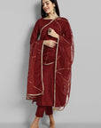 Maroon boat neck kurta paired with elasticated pants and an organza dupatta - a stylish set of three for a sophisticated and coordinated look