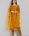 Mustard key hole boat neck kurta paired with elasticated pants and an organza dupatta - a stylish set of three for a sophisticated and coordinated look