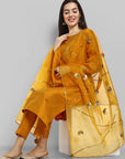 Mustard key hole boat neck kurta paired with elasticated pants and an organza dupatta - a stylish set of three for a sophisticated and coordinated look