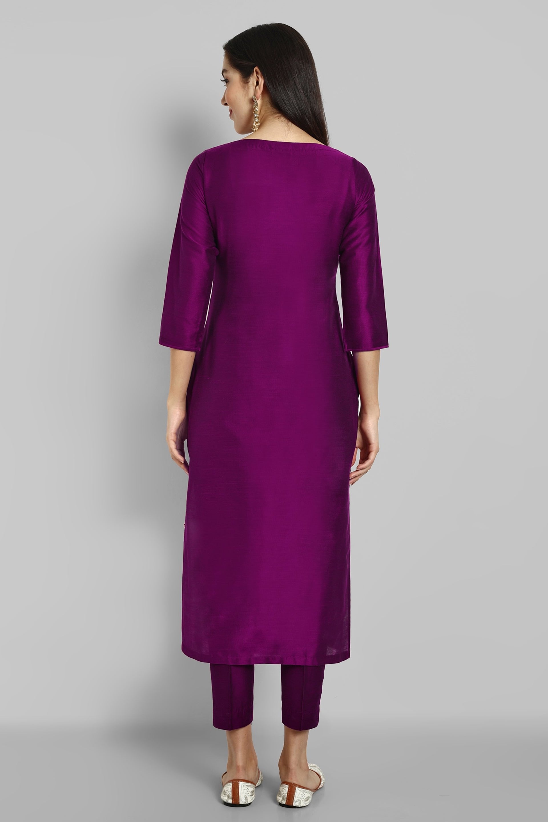 Purple Wine Cotton Silk Boat Neck Kurta