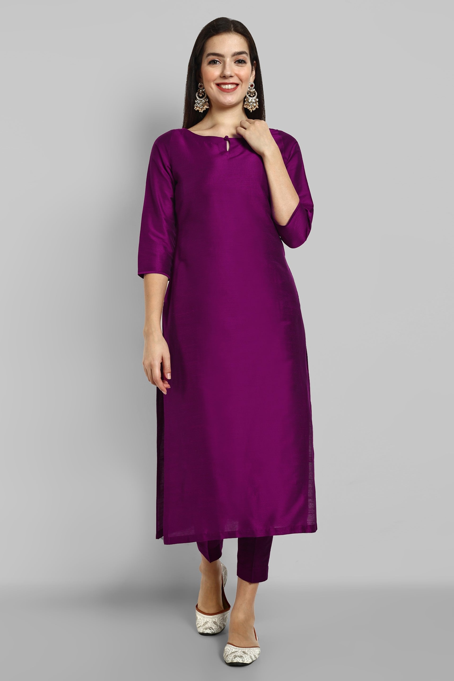 Purple Wine Cotton Silk Boat Neck Kurta