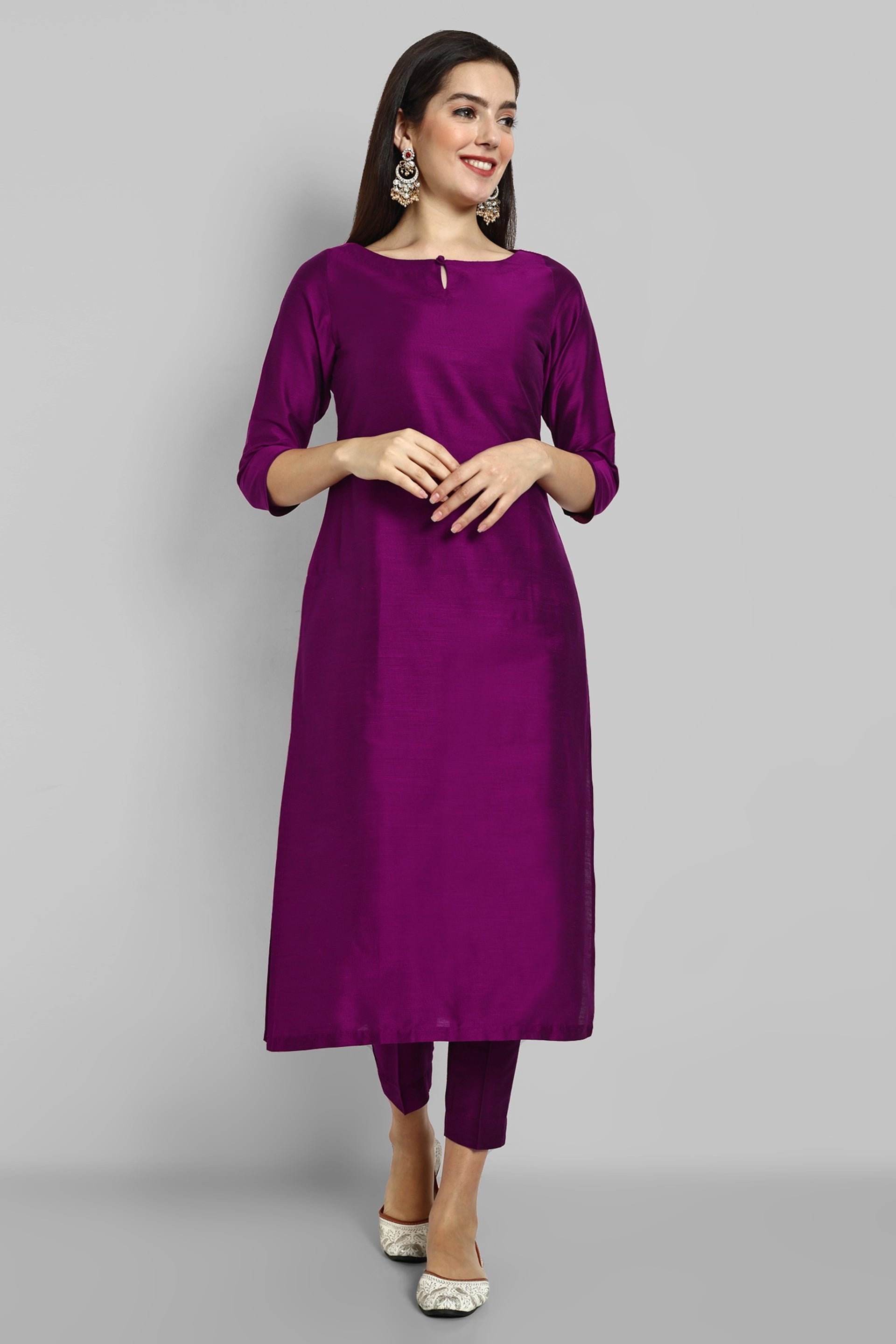 Purple Wine Cotton Silk Boat Neck Kurta