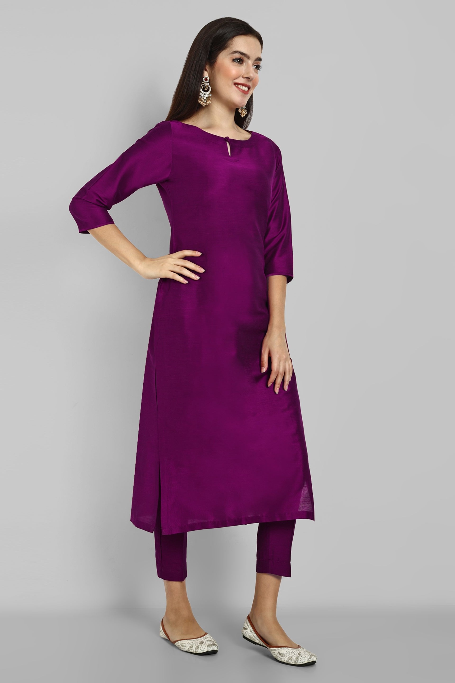 Purple Wine Cotton Silk Boat Neck Kurta