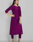 Purple Wine Cotton Silk Boat Neck Kurta