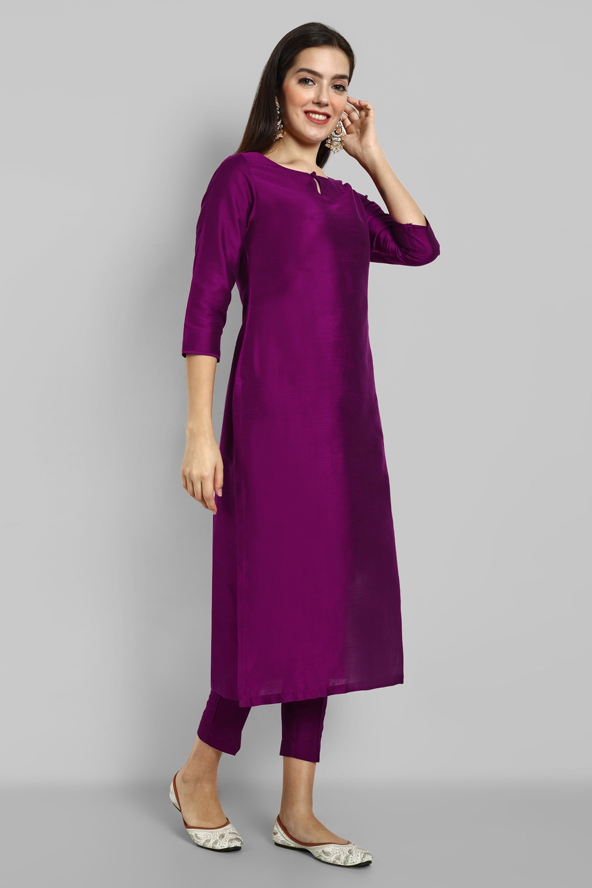 Purple Wine Cotton Silk Boat Neck Kurta