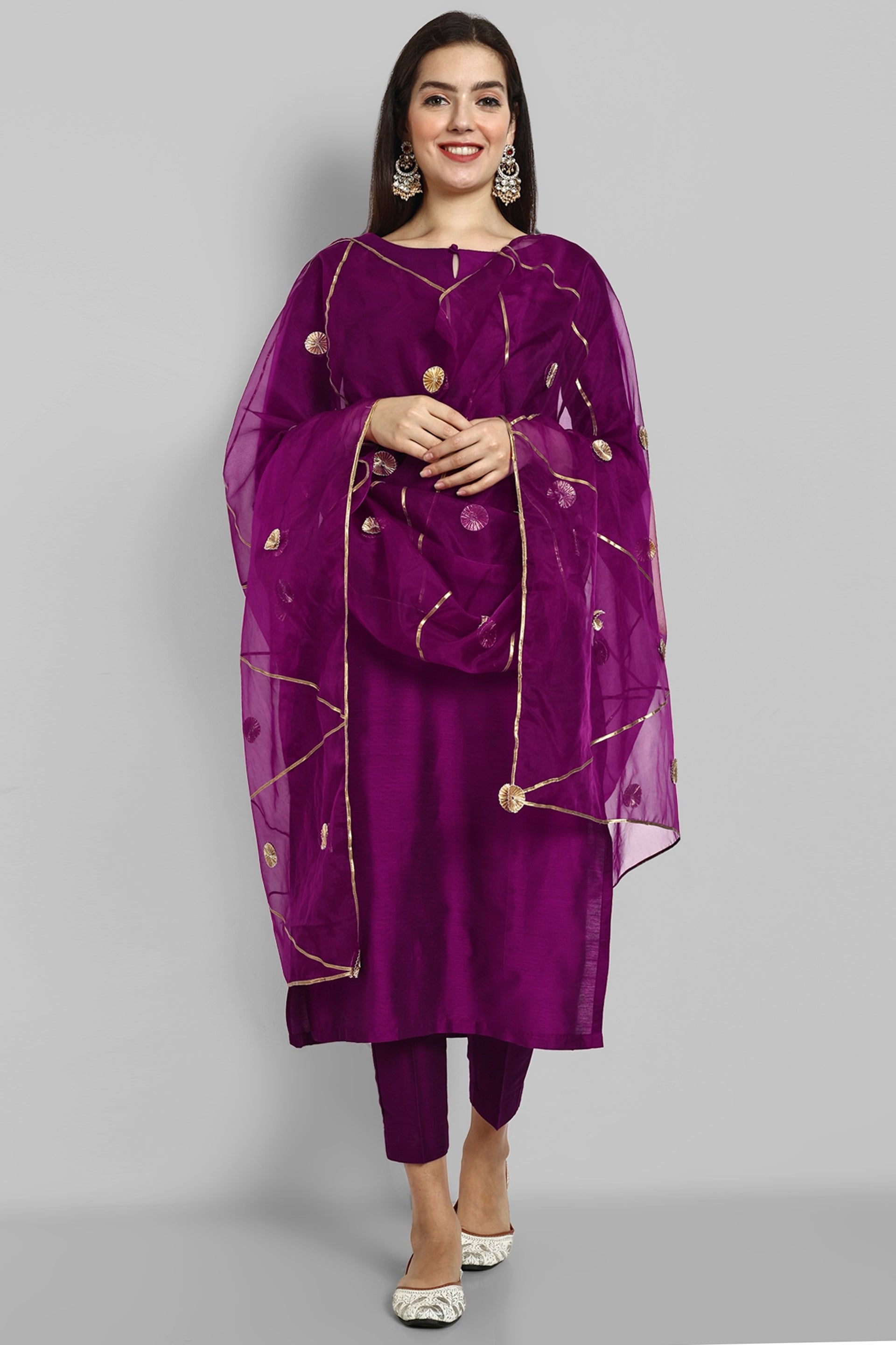 Wine Purple boat neck kurta paired with elasticated pants and an organza dupatta - a stylish set of three for a sophisticated and coordinated look