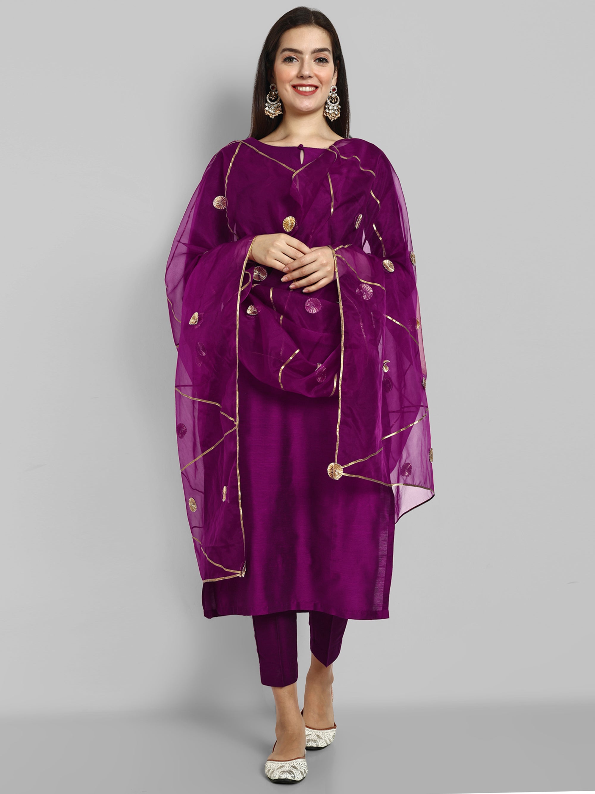 Wine Purple boat neck kurta paired with elasticated pants and an organza dupatta - a stylish set of three for a sophisticated and coordinated look