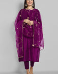 Wine Purple boat neck kurta paired with elasticated pants and an organza dupatta - a stylish set of three for a sophisticated and coordinated look