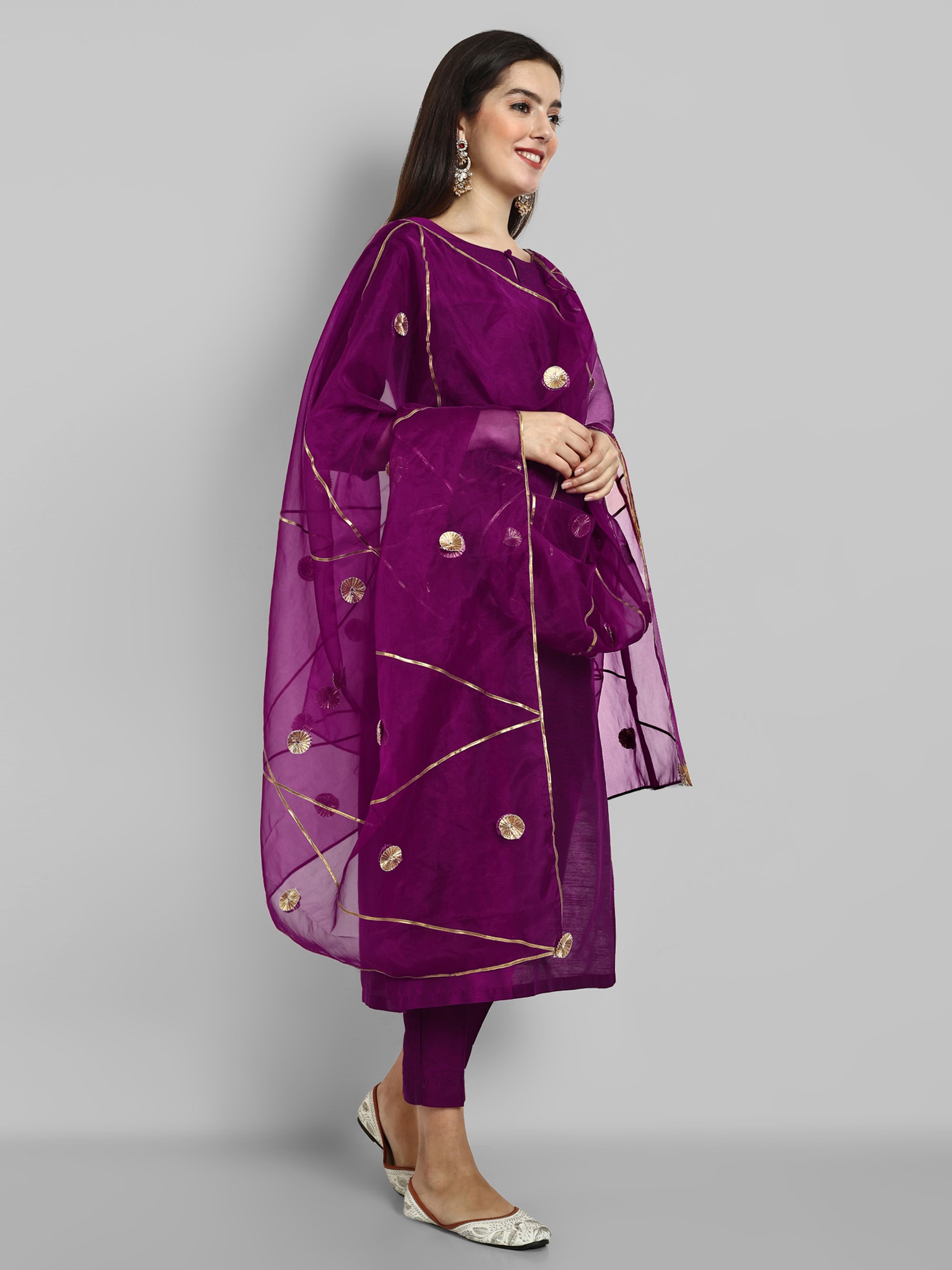 Wine Purple boat neck kurta paired with elasticated pants and an organza dupatta - a stylish set of three for a sophisticated and coordinated look