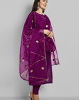 Wine Purple boat neck kurta paired with elasticated pants and an organza dupatta - a stylish set of three for a sophisticated and coordinated look