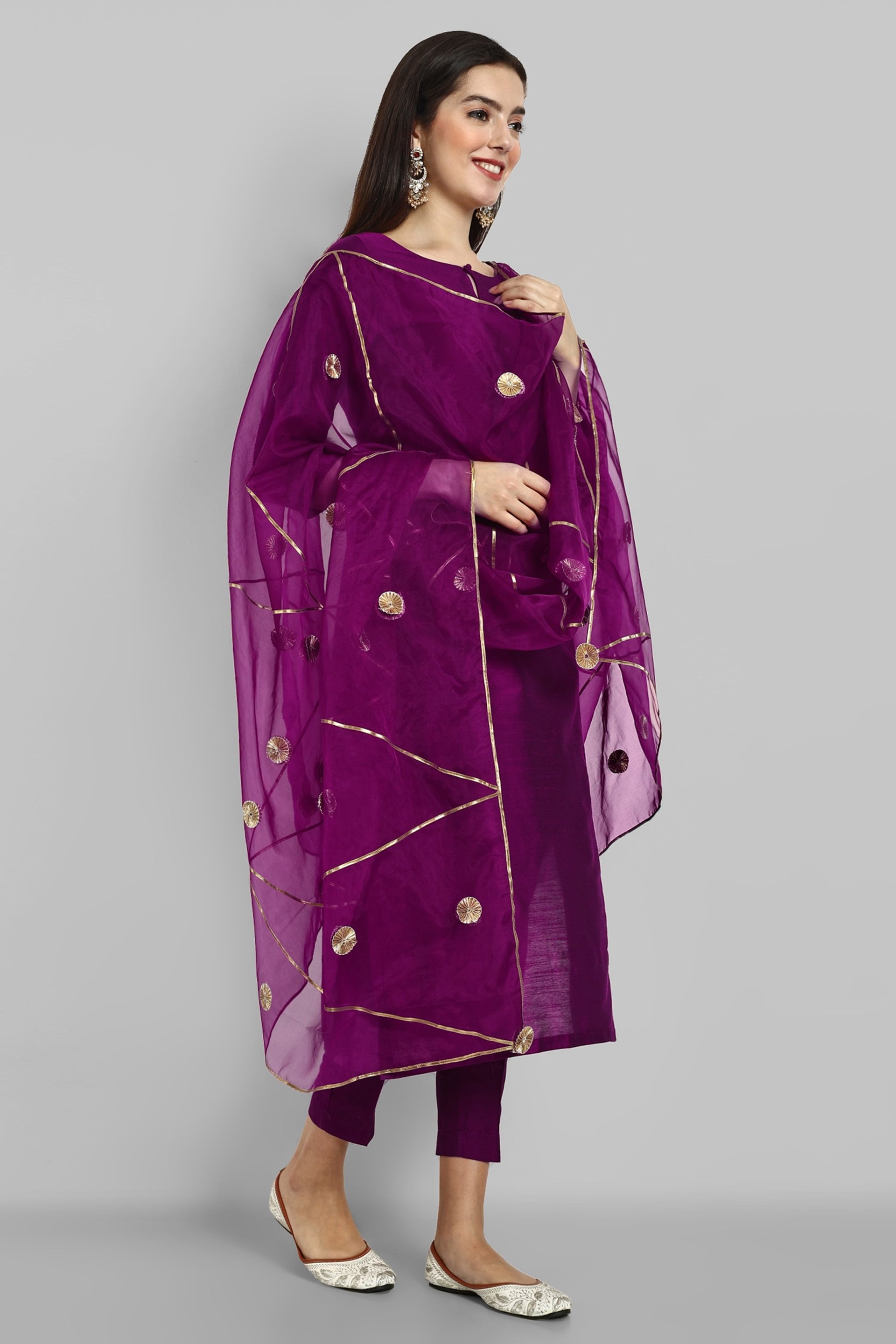 Wine Purple boat neck kurta paired with elasticated pants and an organza dupatta - a stylish set of three for a sophisticated and coordinated look