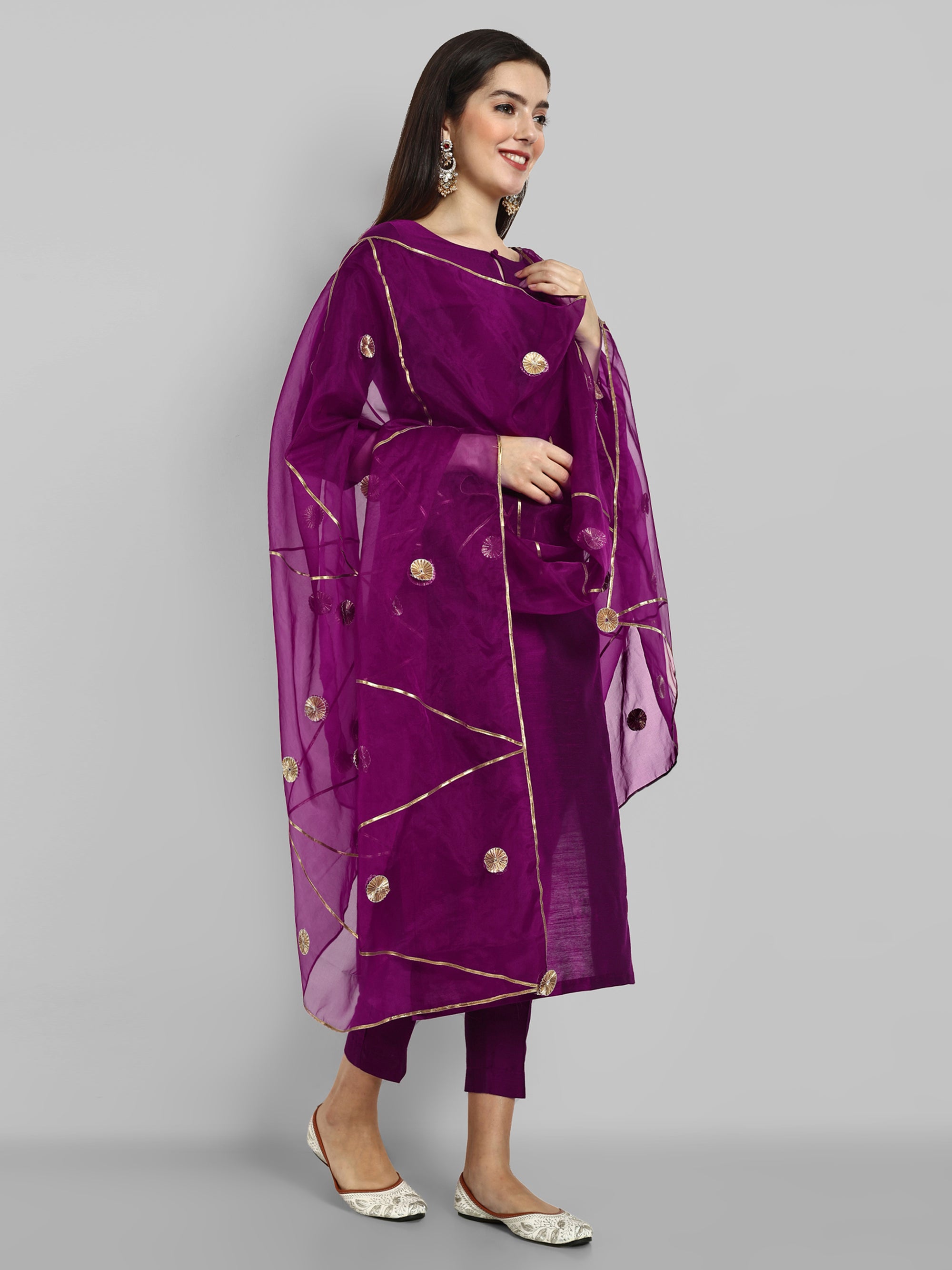 Wine Purple boat neck kurta paired with elasticated pants and an organza dupatta - a stylish set of three for a sophisticated and coordinated look