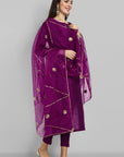 Wine Purple boat neck kurta paired with elasticated pants and an organza dupatta - a stylish set of three for a sophisticated and coordinated look