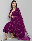 Wine Purple boat neck kurta paired with elasticated pants and an organza dupatta - a stylish set of three for a sophisticated and coordinated look