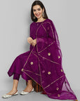 Wine Purple boat neck kurta paired with elasticated pants and an organza dupatta - a stylish set of three for a sophisticated and coordinated look