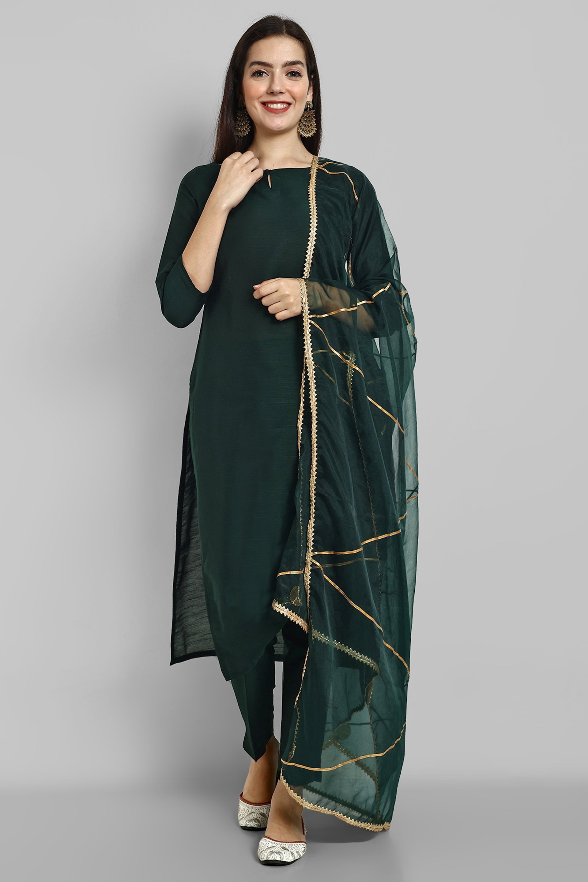 Emerald Bottle Green boat neck kurta paired with elasticated pants and an organza dupatta - a stylish set of three for a sophisticated and coordinated look