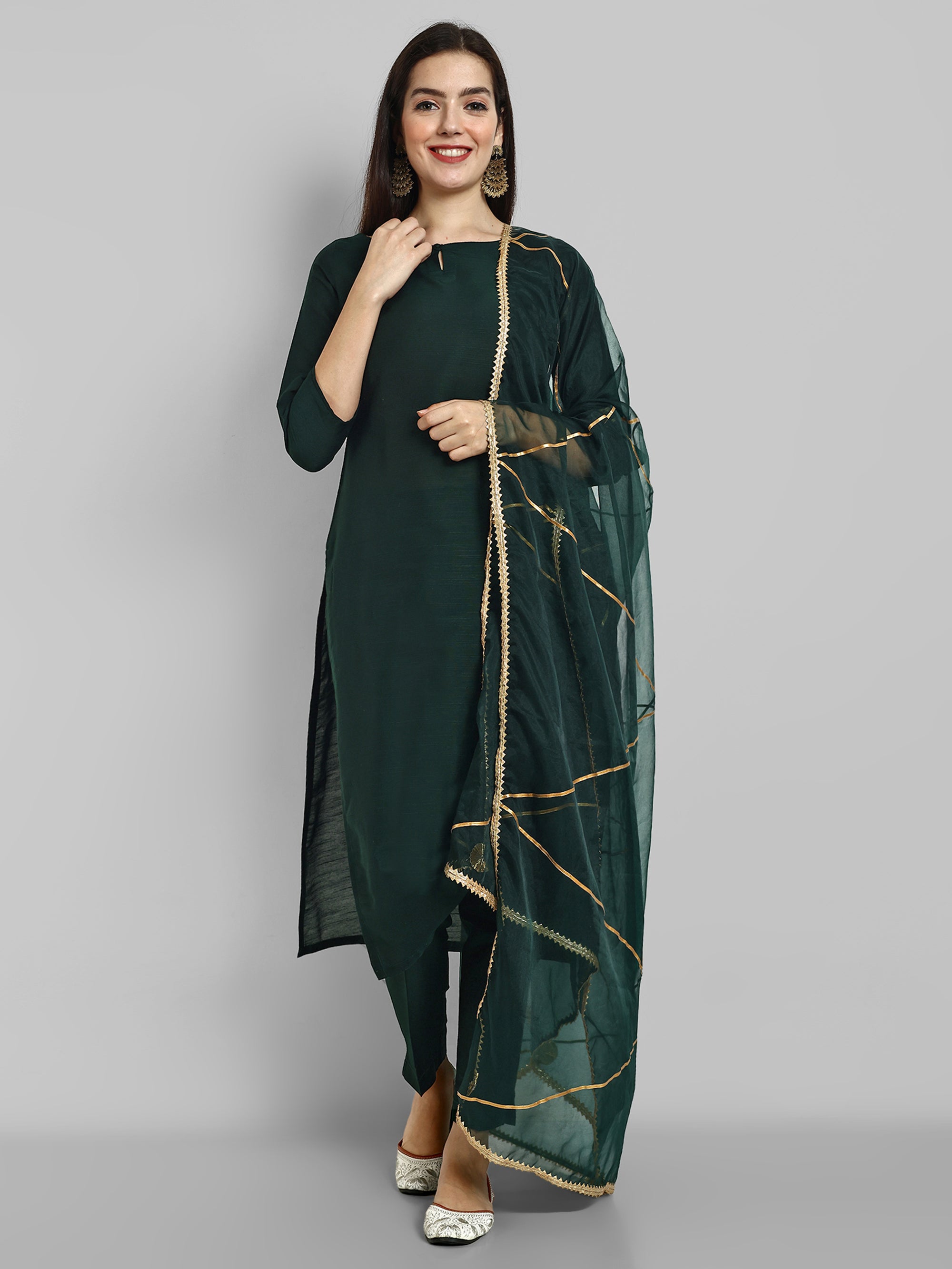 Emerald Bottle Green boat neck kurta paired with elasticated pants and an organza dupatta - a stylish set of three for a sophisticated and coordinated look