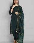 Emerald Bottle Green boat neck kurta paired with elasticated pants and an organza dupatta - a stylish set of three for a sophisticated and coordinated look