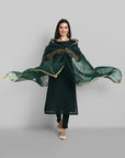 Emerald Bottle Green boat neck kurta paired with elasticated pants and an organza dupatta - a stylish set of three for a sophisticated and coordinated look