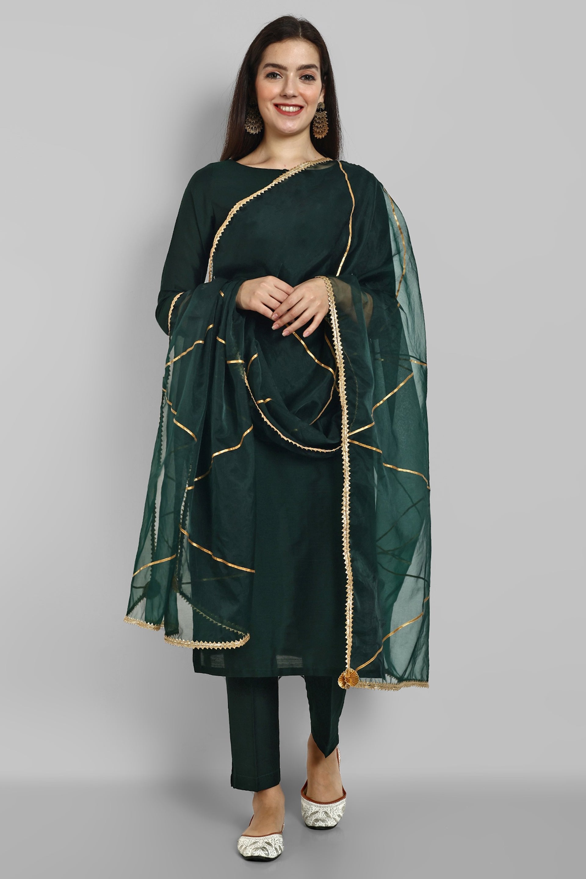 Emerald Bottle Green boat neck kurta paired with elasticated pants and an organza dupatta - a stylish set of three for a sophisticated and coordinated look