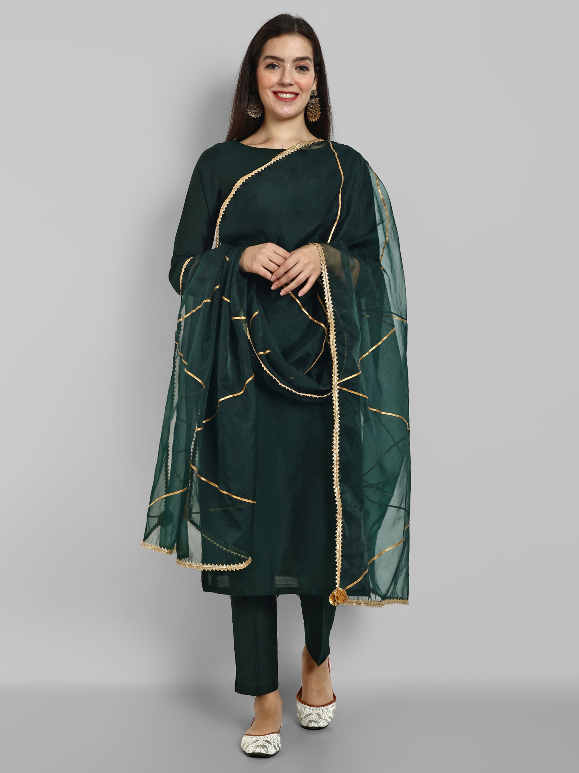 Emerald Bottle Green boat neck kurta paired with elasticated pants and an organza dupatta - a stylish set of three for a sophisticated and coordinated look