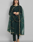 Emerald Bottle Green boat neck kurta paired with elasticated pants and an organza dupatta - a stylish set of three for a sophisticated and coordinated look