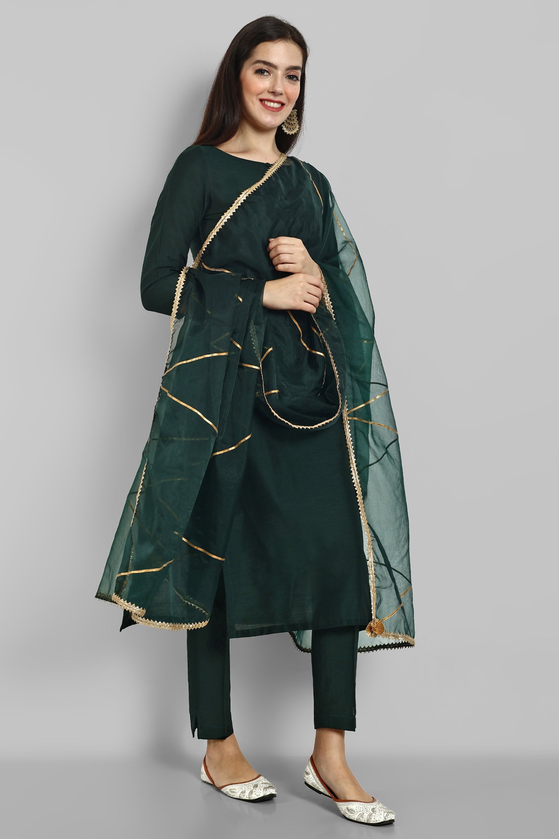 Emerald Bottle Green boat neck kurta paired with elasticated pants and an organza dupatta - a stylish set of three for a sophisticated and coordinated look