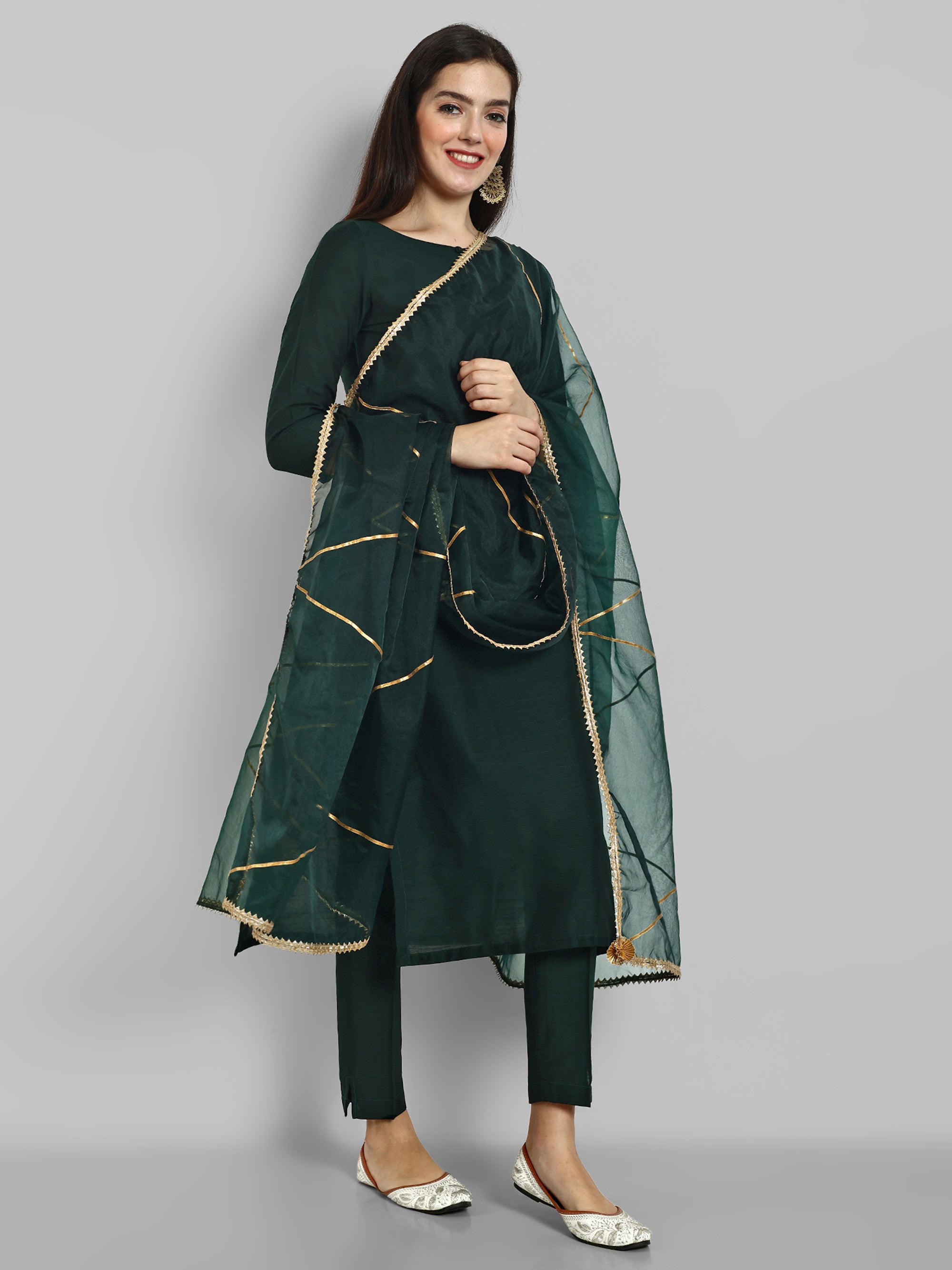 Emerald Bottle Green boat neck kurta paired with elasticated pants and an organza dupatta - a stylish set of three for a sophisticated and coordinated look