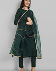 Emerald Bottle Green boat neck kurta paired with elasticated pants and an organza dupatta - a stylish set of three for a sophisticated and coordinated look