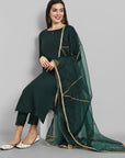 Emerald Bottle Green boat neck kurta paired with elasticated pants and an organza dupatta - a stylish set of three for a sophisticated and coordinated look