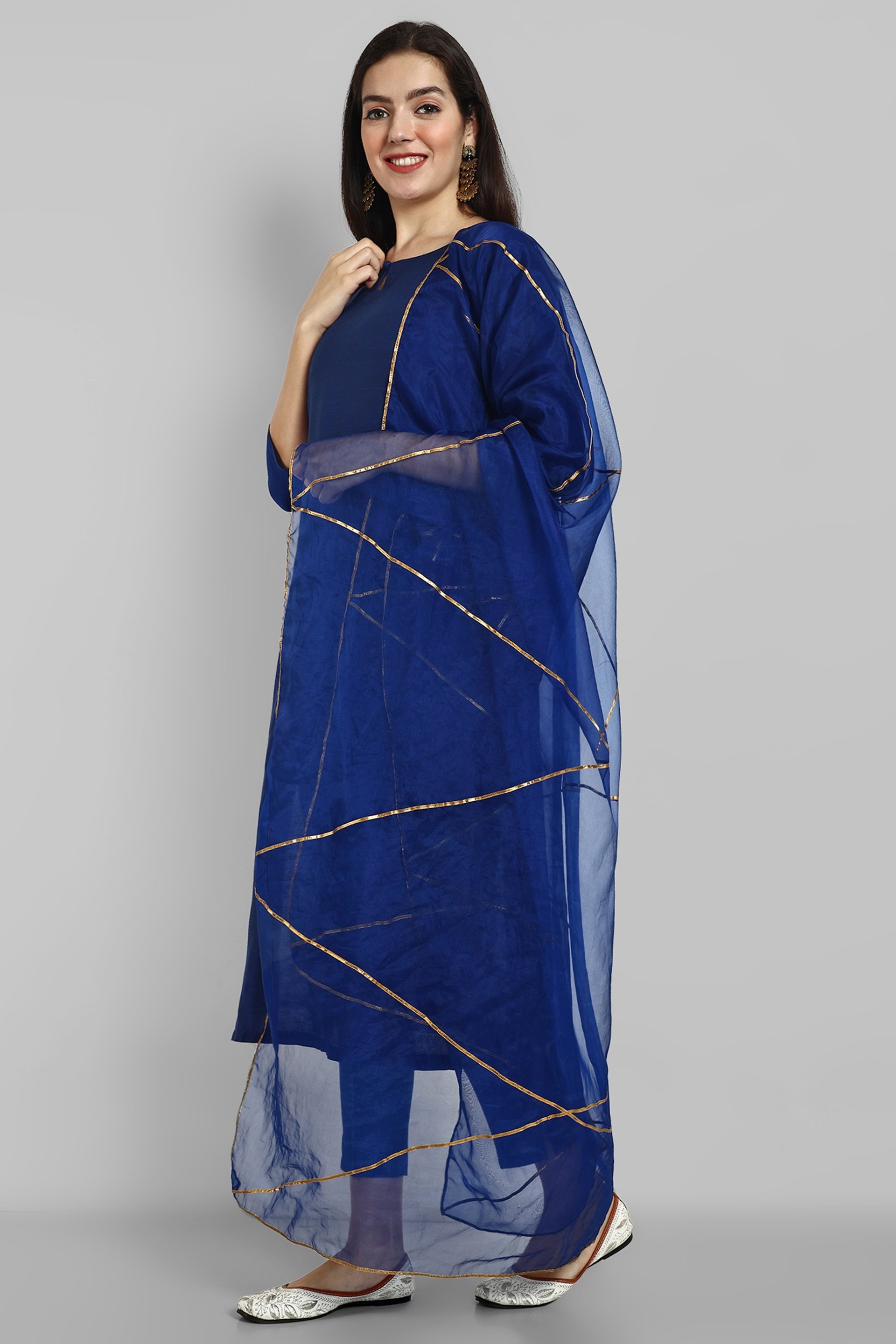 Ink Blue boat neck kurta paired with elasticated pants and an organza dupatta - a stylish set of three for a sophisticated and coordinated look