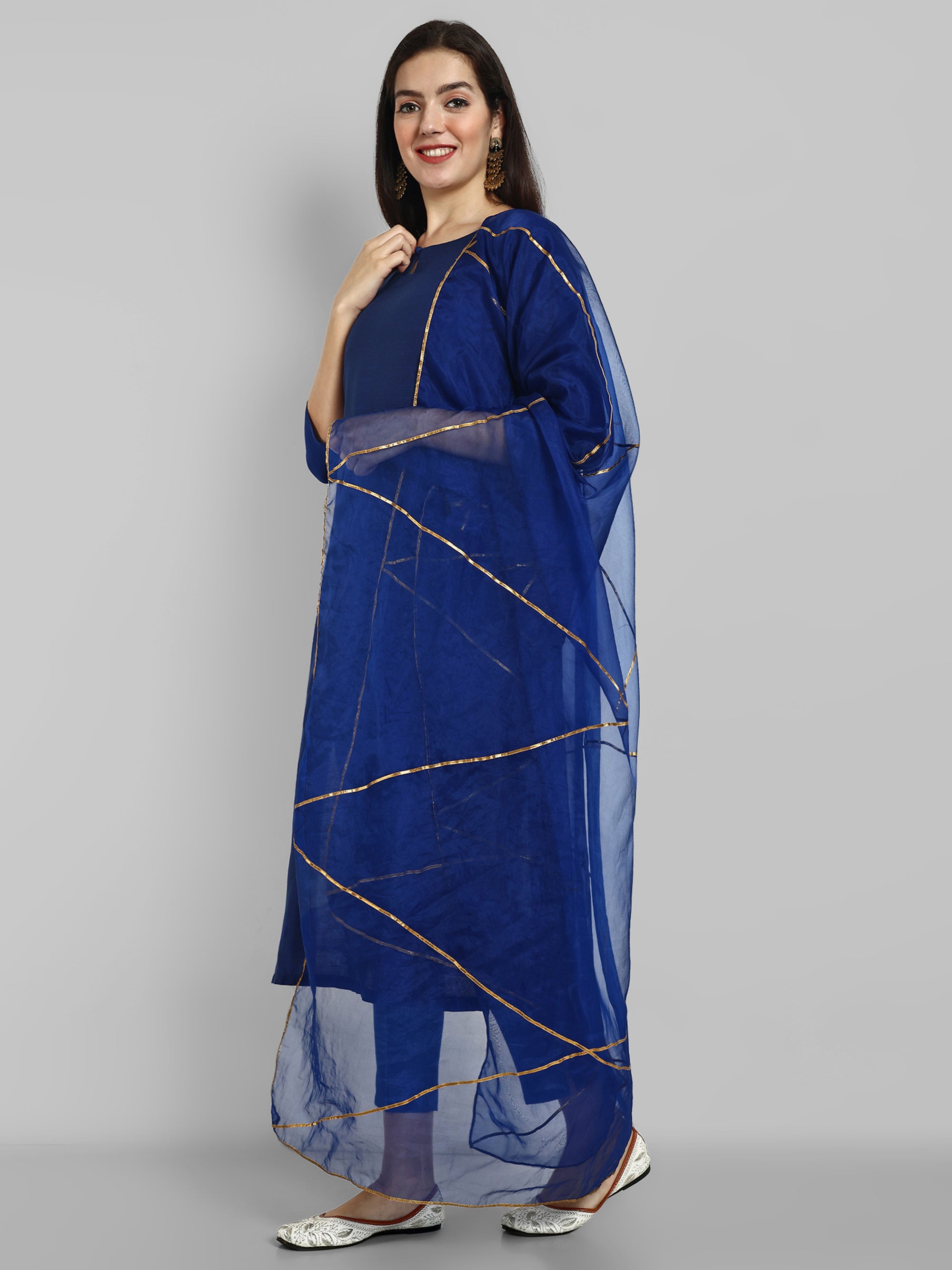 Ink Blue boat neck kurta paired with elasticated pants and an organza dupatta - a stylish set of three for a sophisticated and coordinated look