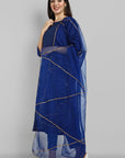 Ink Blue boat neck kurta paired with elasticated pants and an organza dupatta - a stylish set of three for a sophisticated and coordinated look