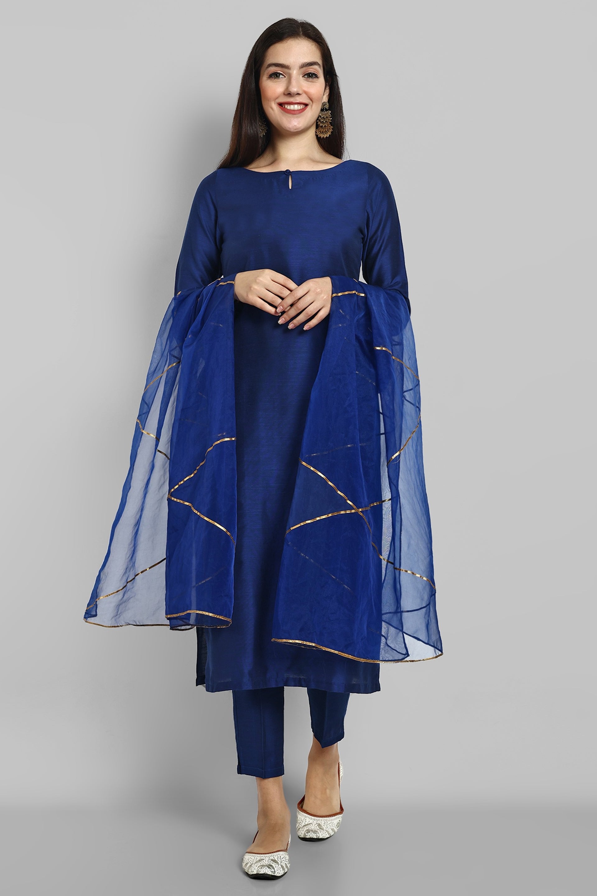 Ink Blue boat neck kurta paired with elasticated pants and an organza dupatta - a stylish set of three for a sophisticated and coordinated look